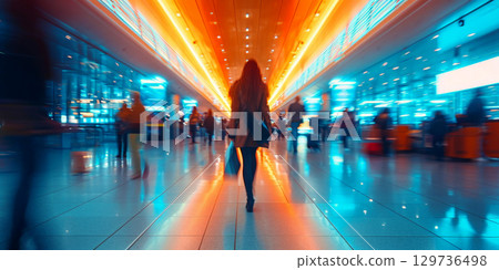 People passing at the airport. Motion Blur. Generative AI 129736498