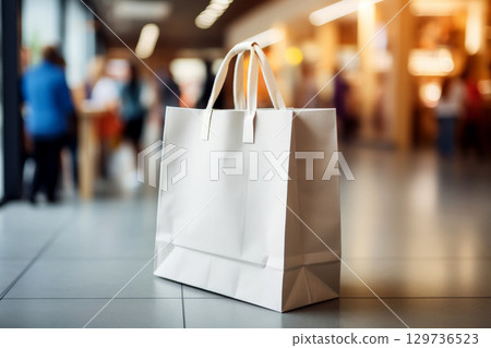 A white shopping bag is sitting on the floor in a busy shopping mall.ai generative 129736523