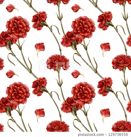 Seamless pattern of red carnation flower,stems,leaves,petals as a symbol of mothers day,love,passion,valentine's day confessions.Watercolor hand-drawn illustration on white in vintage style 129736550
