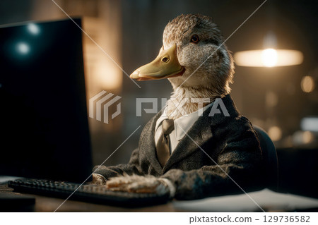 A duck in a suit typing on a lcomputer in a office setting. 129736582