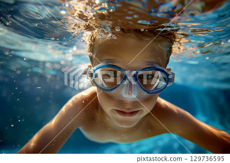 A young boy is swimming in a pool wearing goggles.ai generative 129736595