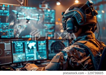 Soldier Command operating at control panel in monitoring war room on war base. Generative AI 129736605