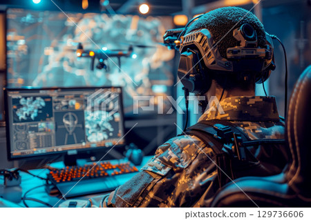 Soldier Command operating at control panel in monitoring war room on war base. Generative AI 129736606