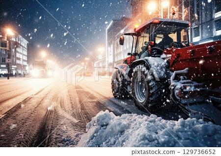Tractor with Snow Plow Attachment Clearing Snow on Winter . Generative AI 129736652