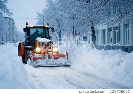 Tractor with Snow Plow Attachment Clearing Snow on Winter . Generative AI 129736657