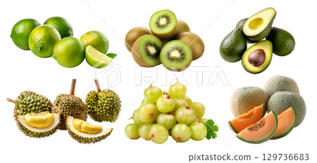 Collection of green fruits in pile group, cantaloupe, melon, durian, gooseberry, kiwi, avocado, lime on transparent background cutout, PNG file. Mockup template for artwork design 129736683