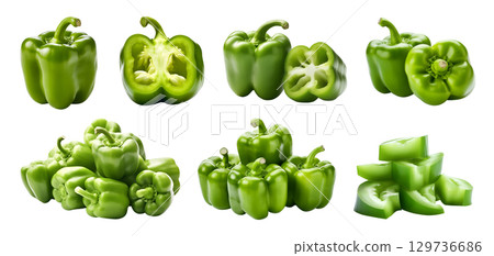 Green Capsicum bell pepper fruit vegetable, many angles and view side top front cluster group slice cut isolated on transparent background cutout, PNG file. Mockup template for artwork graphic design 129736686