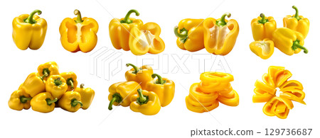 Yellow Capsicum bell pepper fruit vegetable, many angles and view side top front cluster group slice cut isolated on transparent background cutout, PNG file. Mockup template for artwork graphic design 129736687