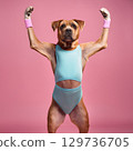 80s style dog doing aerobics 129736705