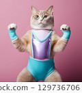 80s style cat doing aerobics 129736706