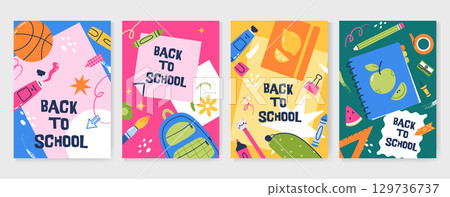 Playful Back to School poster collection with school supplies, brushstroke and shape. Hand drawn vector illustration for ads, educational flyers and print. Playful Back to School poster collection with school supplies, brushstroke and shape. Hand drawn vector illustration for ads, educational flyers and print. 129736737