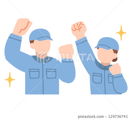 Upper body of a man and woman in work clothes making a fist pump 129736741