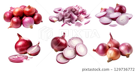 Red purple onion onions vegetable, many angles and view side top front cluster group slice cut isolated on transparent background cutout, PNG file. Mockup template for artwork graphic design 129736772