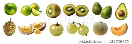 Collection of green fruits, cantaloupe, melon, durian, gooseberry, kiwi, avocado, lime on transparent background cutout, PNG file. Mockup template for artwork design 129736775