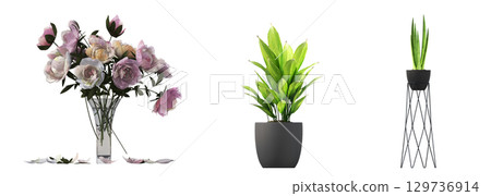decorative flower in a pot isolate on a transparent background, 3D illustration, cg render 129736914