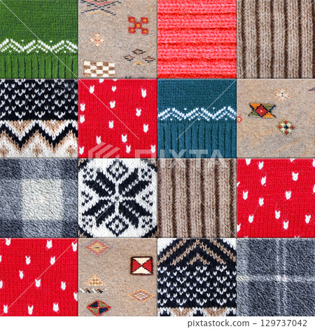 Warm Christmas background with plaid fleece, wool sweater texture with geometric ornament. Holiday backdrop with cozy natural knitted wool material with decorative ornament 129737042