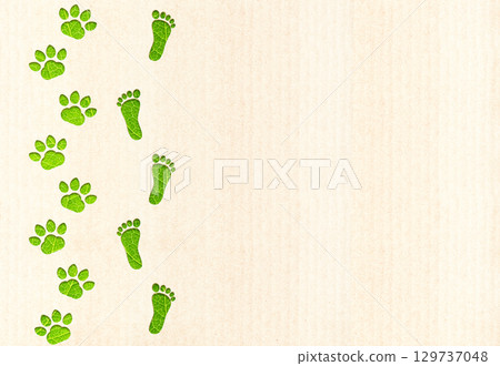 Let's save wildlife together. Banner with eco paper texture, animal paws print and human footprint in paper cut style and green leaf. Zero waste, responsible consumption, reuse, eco-friendly concept Let's save wildlife together. Banner with eco paper texture, animal paws print and human footprint in paper cut style and green leaf. Zero waste, responsible consumption, reuse, eco-friendly concept 129737048