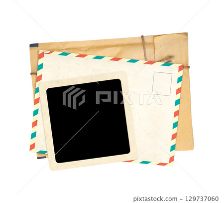 Top view of vintage paper envelope, retro postcard and blank photo frame. Nostalgic scrapbooking template is perfect way to express creativity and evoke a sense of warm memories. Isolated on white Top view of vintage paper envelope, retro postcard and blank photo frame. Nostalgic scrapbooking template is perfect way to express creativity and evoke a sense of warm memories. Isolated on white 129737060