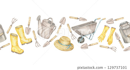 Wheelbarrows, straw hats, boots, gloves, trowels, and cans create a horizontal seamless border watercolor illustration. Perfect for gardening product labels, cards, and blog graphics 129737101