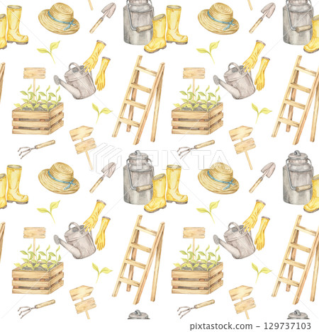 Crates, gloves, trowels, ladders, boots, and watering cans painted in soft tones form a seamless pattern watercolor illustration. Gardening clipart Excellent for eco printables, branding, or fabrics 129737103