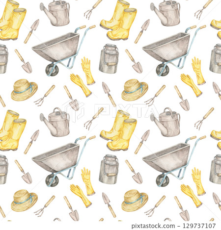 Yellow gloves and boots, straw hat, trowels, watering cans, and wheelbarrows form a light seamless pattern watercolor clipart. Great for gardening product packaging, paper crafts, or planner covers 129737107