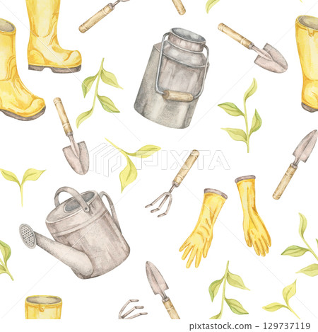 Yellow boots, gloves, trowels, watering cans, and green sprouts in a seamless pattern watercolor clipart. Gardening illustration. Ideal for garden-themed fabrics, packaging, stationery, eco branding Yellow boots, gloves, trowels, watering cans, and green sprouts in a seamless pattern watercolor clipart. Gardening illustration. Ideal for garden-themed fabrics, packaging, stationery, eco branding 129737119