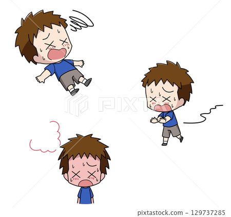 Set of 3 illustrations of boys suffering from severe heatstroke Set of 3 illustrations of boys suffering from severe heatstroke 129737285