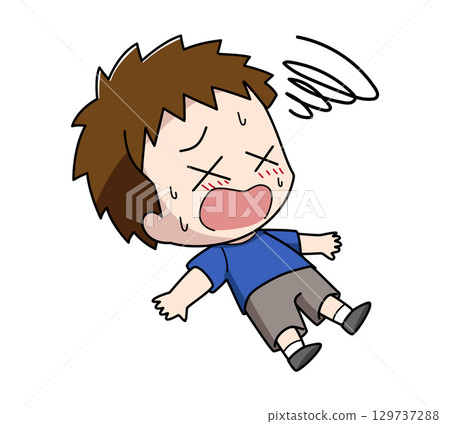 Illustration of a boy losing consciousness due to heat 129737288