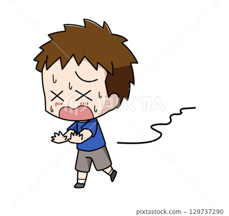 Illustration of a boy who can't walk straight because of the heat 129737290