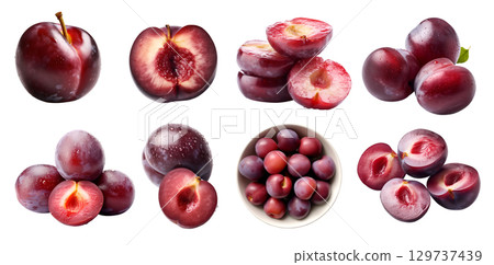 Plum Plums Prune Prunes Prunus fruit, many angles and view side top front heap pile bunch isolated on transparent background cutout, PNG file. Mockup template for artwork graphic design 129737439