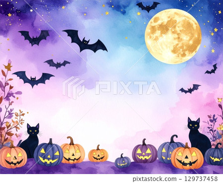 淡彩水彩萬聖節背景,以滿月、蝙蝠和點綴著金色點綴的南瓜為背景。這是一幅適合成人的可愛插畫。 淡彩水彩萬聖節背景,以滿月、蝙蝠和點綴著金色點綴的南瓜為背景。這是一幅適合成人的可愛插畫。 129737458