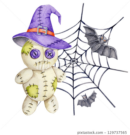 Green-patched voodoo doll in purple hat next to spider web and flying bats. Watercolor illustration for seamless pattern use in Halloween scrapbooking, labels, or decor Green-patched voodoo doll in purple hat next to spider web and flying bats. Watercolor illustration for seamless pattern use in Halloween scrapbooking, labels, or decor 129737565