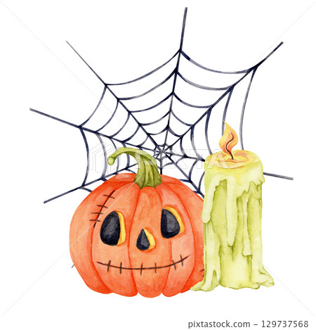 Orange jack-o'-lantern, green wax candle, and black spider web painted in watercolor clipart style. festive pumpkin composition asset ideal for Halloween cards, posters, or stickers 129737568