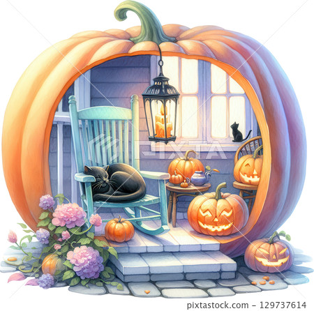 Cozy Halloween diorama featuring a cozy porch setting with carved pumpkins a lantern flowers and a cat 129737614