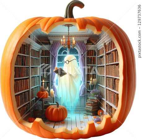 Spooky Halloween library diorama with pumpkins and a ghostly figure 129737636