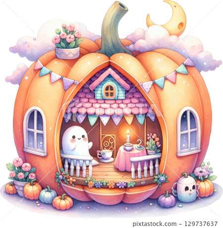 Whimsical Halloween diorama in a pumpkin house 129737637
