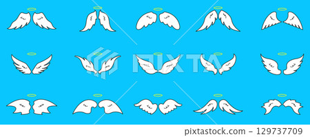Angel Wings With Halo Icon Set. Spirituality, Protection, And Guardian Symbol Silhouette Collection. Heavenly And Celestial Themes. Isolated Vector Illustration 129737709