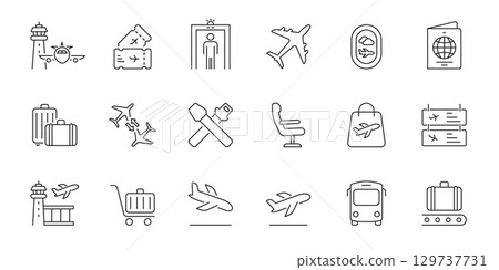 Airport And Air Travel Line Icon Set. Aviation, Security, And Passenger Experience Outline Symbol. Airplane, Luggage, Passport And Boarding Icons. Editable Stroke. Isolated Vector Illustration 129737731