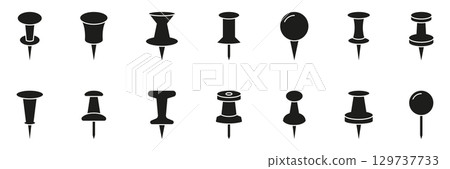 Push Pin And Thumbtack Solid Icon Set. Office And Stationery Tool Silhouette Symbol Collection. Various Pin Designs For Notice Boards And Maps. Isolated Vector Illustration 129737733