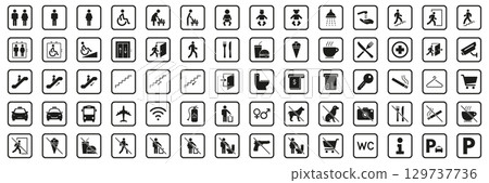 Public Facility And Service Icons Solid Icon Set. Comprehensive Collection Of Symbols For Accessibility, Transportation, Dining and Safety Silhouette Symbol Collection. Isolated Vector Illustration Public Facility And Service Icons Solid Icon Set. Comprehensive Collection Of Symbols For Accessibility, Transportation, Dining and Safety Silhouette Symbol Collection. Isolated Vector Illustration 129737736