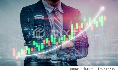 Businessman in Suit Overlaid with Stock Market Graph and Cityscape, Representing Financial Growth and Investment Opportunities in Modern Economy Copula 129737749