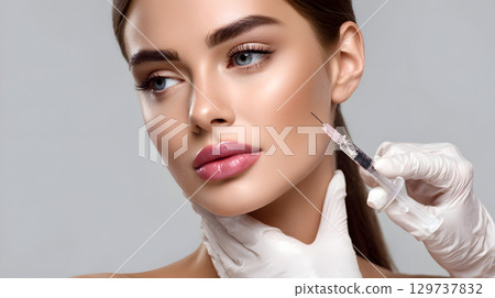 Woman undergoing cosmetic surgery. Scene of cosmetic injection for facial anti-aging treatment. 129737832