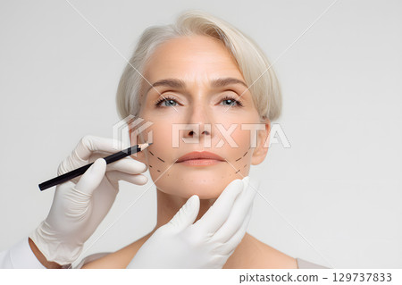 Middle-aged woman preparing for anti-aging cosmetic surgery. Marking scene for forehead lift surgery 129737833