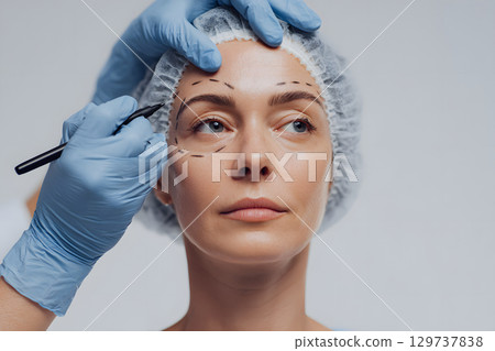 Cosmetic surgery procedure for young woman. Marking and preparation for facelift at cosmetic surgery clinic 129737838