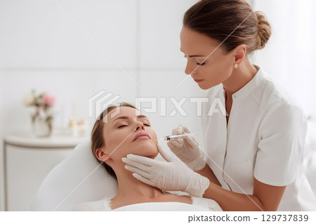一名年輕女子在美容診所接受臉部肉毒桿菌注射的場景 129737839