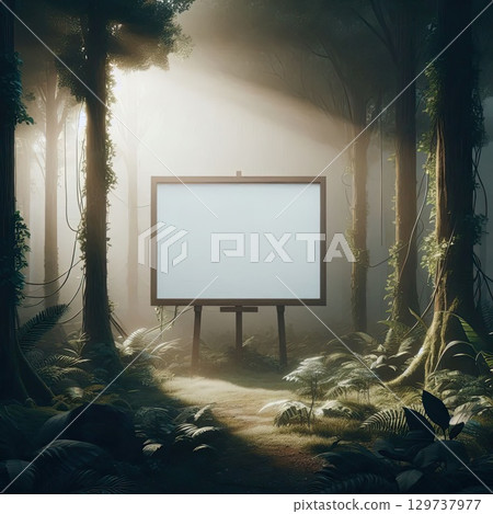 Serene Forest Scene with Outdoor Projection Screen in Sunlit Clearing with Generative AI. 129737977