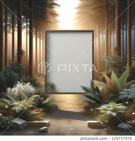 Serene Forest Scene with Outdoor Projection Screen in Sunlit Clearing with Generative AI. 129737978