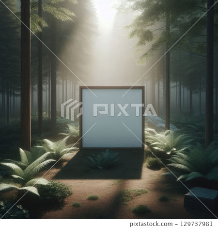 Serene Forest Scene with Outdoor Projection Screen in Sunlit Clearing with Generative AI. 129737981
