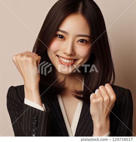 Excited young woman raise hands celebrating lucky win with Generative AI. Excited young woman raise hands celebrating lucky win with Generative AI. 129738017