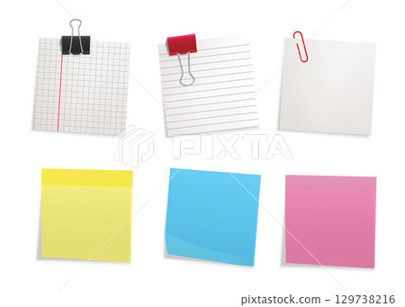 Sticky papers with pin clips memo bank business notes vector template stock illustration Sticky papers with pin clips memo bank business notes vector template stock illustration 129738216